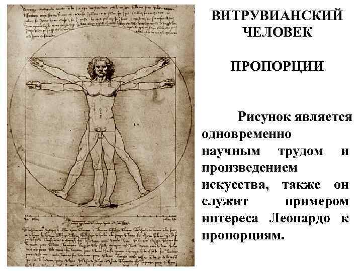 ВИТРУВИАНСКИЙ ЧЕЛОВЕК ПРОПОРЦИИ Рисунок является одновременно научным трудом и произведением искусства, также он служит