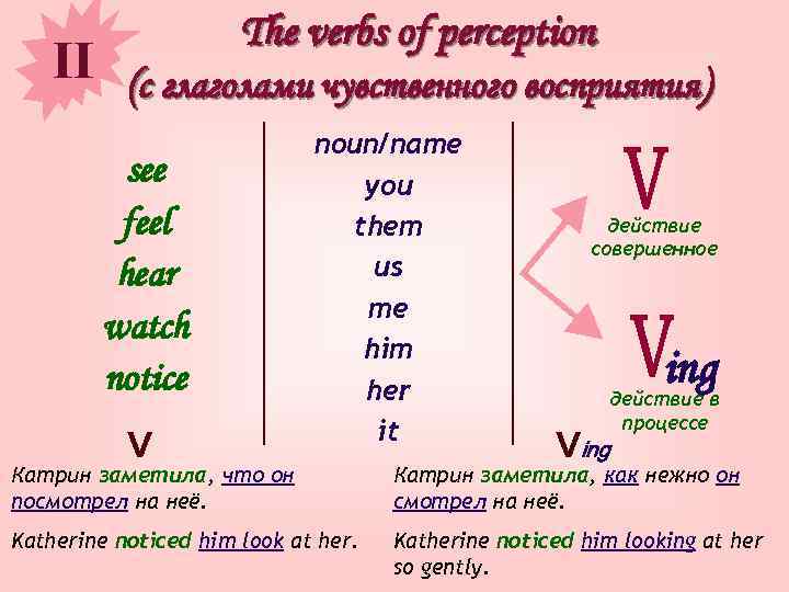 The verbs of perception II (с глаголами чувственного восприятия) see feel hear watch notice