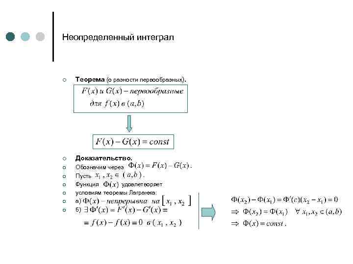Неопределенный интеграл ¢ Теорема (о разности первообразных). ¢ Доказательство. ¢ Обозначим через Пусть Функция
