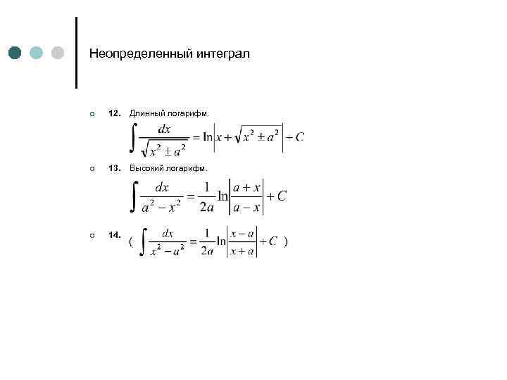 Неопределенный интеграл ¢ 12. Длинный логарифм. ¢ 13. Высокий логарифм. ¢ 14. 