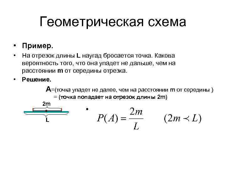 Геометрическая схема • Пример. • На отрезок длины L наугад бросается точка. Какова вероятность