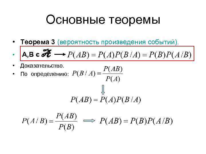 Основные теоремы • Теорема 3 (вероятность произведения событий). • А, В є A •