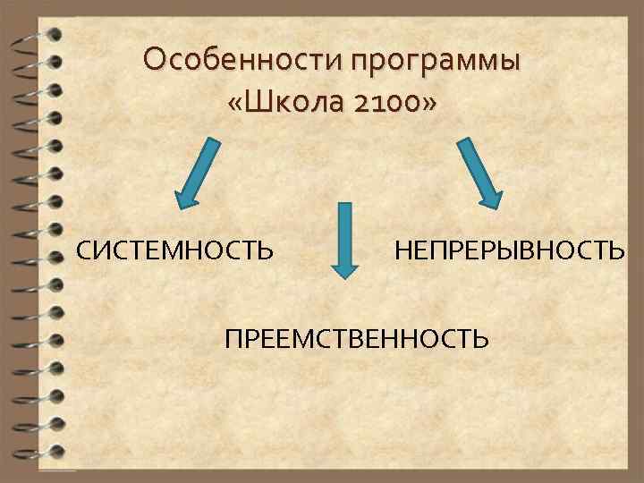 Особенности программы «Школа 2100» СИСТЕМНОСТЬ НЕПРЕРЫВНОСТЬ ПРЕЕМСТВЕННОСТЬ 