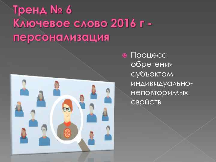 Тренд № 6 Ключевое слово 2016 г персонализация Процесс обретения субъектом индивидуальнонеповторимых свойств 