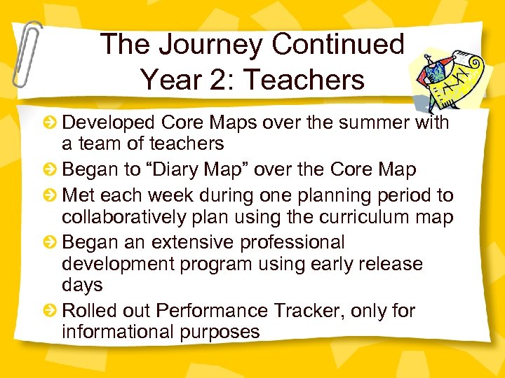 The Journey Continued Year 2: Teachers Developed Core Maps over the summer with a