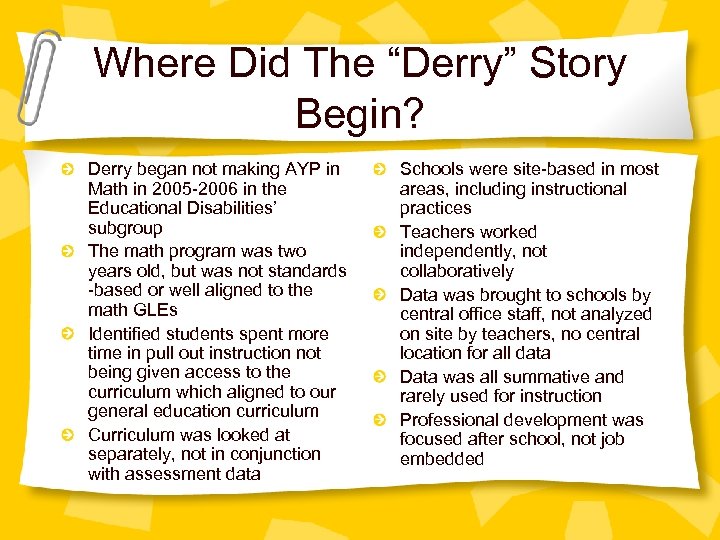 Where Did The “Derry” Story Begin? Derry began not making AYP in Math in