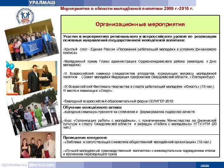 Мероприятия в области молодёжной политики 2009 г. -2010 г. Организационные мероприятия Участие в мероприятиях