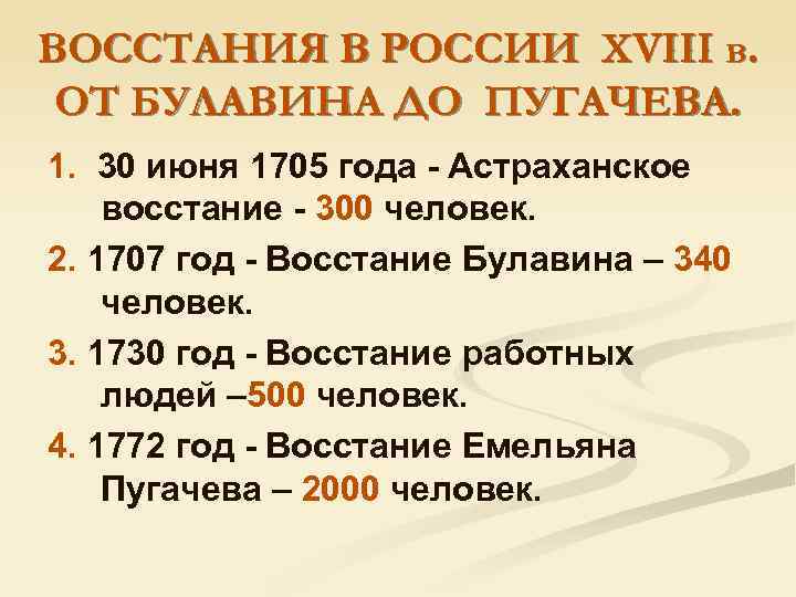 ВОССТАНИЯ В РОССИИ ХVIII в. ОТ БУЛАВИНА ДО ПУГАЧЕВА. 1. 30 июня 1705 года