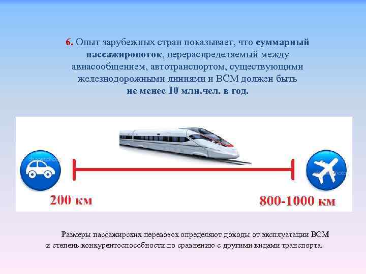 6. Опыт зарубежных стран показывает, что суммарный пассажиропоток, перераспределяемый между авиасообщением, автотранспортом, существующими железнодорожными
