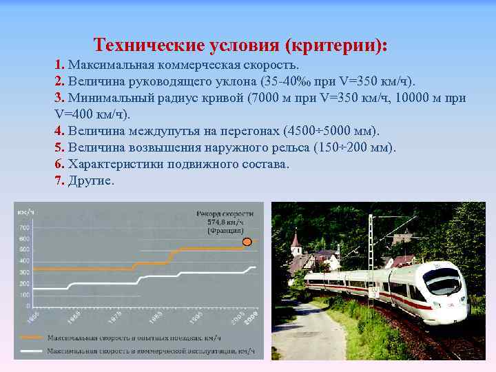 Технические условия (критерии): 1. Максимальная коммерческая скорость. 2. Величина руководящего уклона (35 -40‰ при