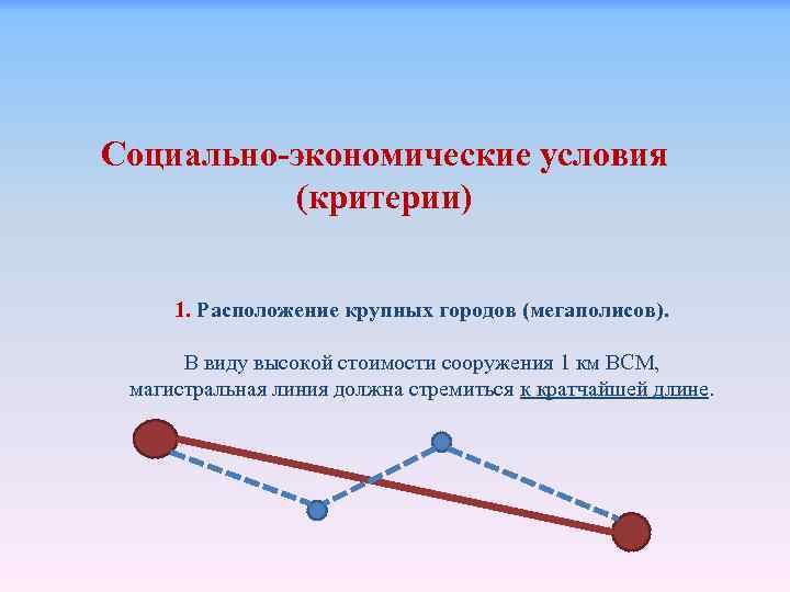 Социально-экономические условия (критерии) 1. Расположение крупных городов (мегаполисов). В виду высокой стоимости сооружения 1