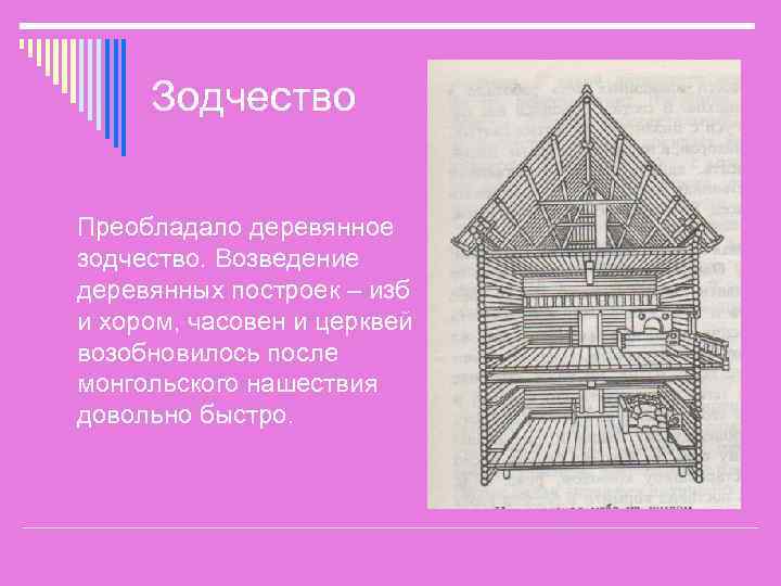 Зодчество Преобладало деревянное зодчество. Возведение деревянных построек – изб и хором, часовен и церквей