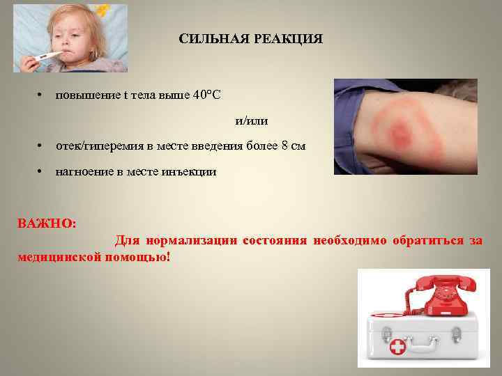 СИЛЬНАЯ РЕАКЦИЯ • повышение t тела выше 40°С и/или • отек/гиперемия в месте введения