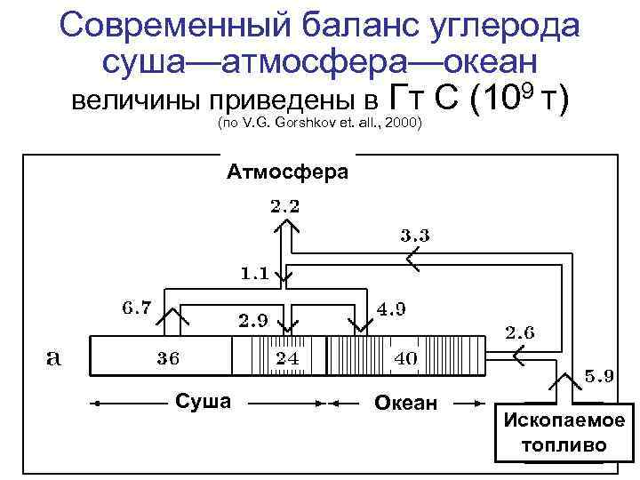 Современный баланс углерода суша—атмосфера—океан величины приведены в Гт С (109 т) (по V. G.