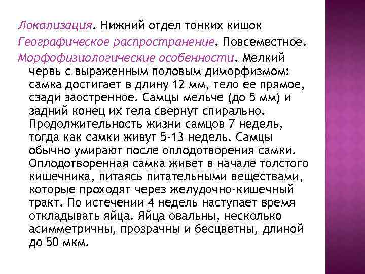 Локализация. Нижний отдел тонких кишок Географическое распространение. Повсеместное. Морфофизиологические особенности. Мелкий червь с выраженным