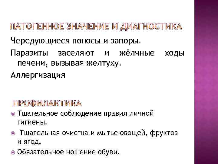 Чередующиеся поносы и запоры. Паразиты заселяют и жёлчные печени, вызывая желтуху. Аллергизация ходы Тщательное