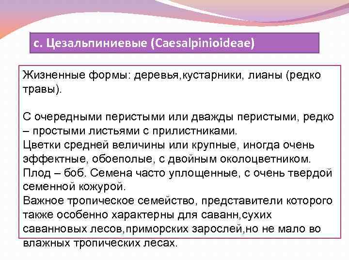 с. Цезальпиниевые (Caesalpinioideae) Жизненные формы: деревья, кустарники, лианы (редко травы). С очередными перистыми или