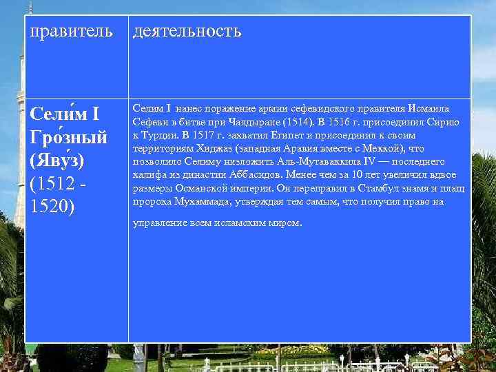 правитель деятельность Сели м I Гро зный (Яву з) (1512 1520) Селим I нанес