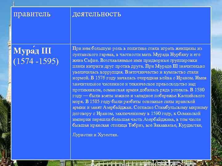 правитель деятельность Мура д III (1574 -1595) При нем большую роль в политике стали