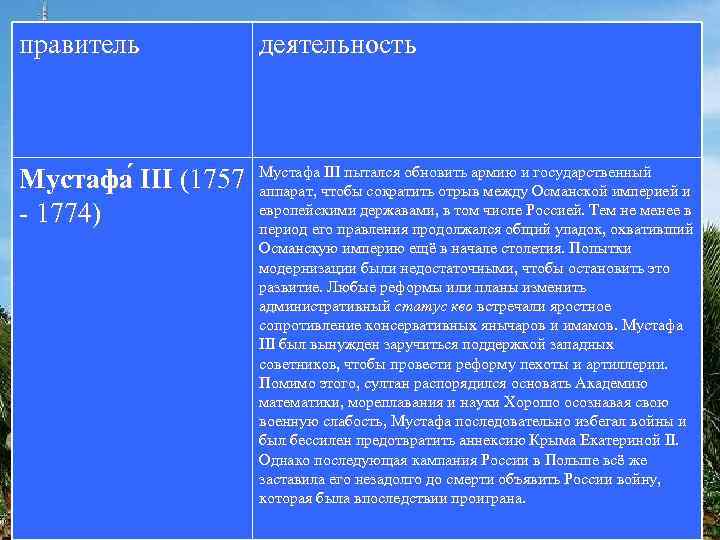 правитель деятельность Мустафа III (1757 - 1774) Мустафа III пытался обновить армию и государственный