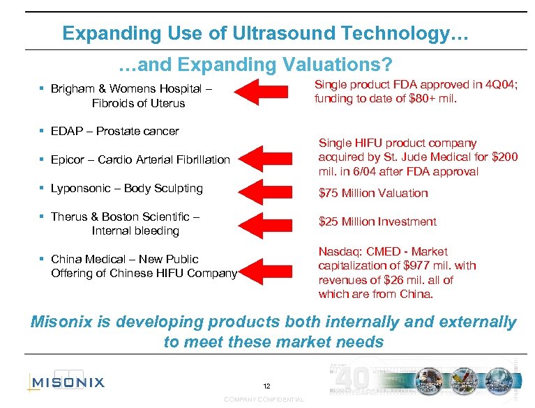 Expanding Use of Ultrasound Technology… …and Expanding Valuations? Single product FDA approved in 4