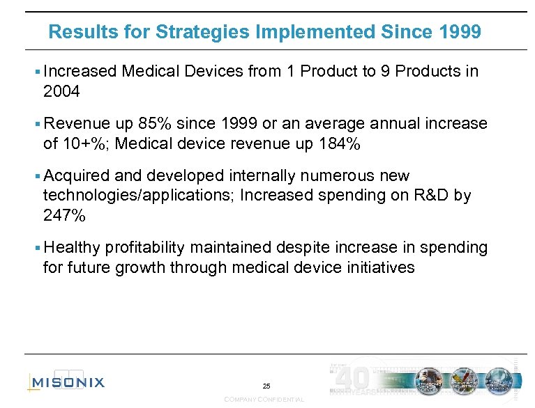 Results for Strategies Implemented Since 1999 § Increased Medical Devices from 1 Product to