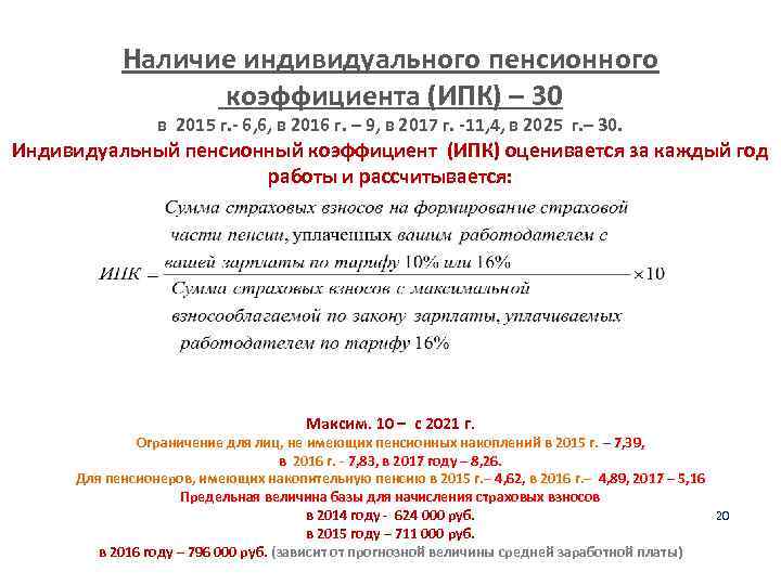 Наличие индивидуального пенсионного коэффициента (ИПК) – 30 в 2015 г. - 6, 6, в