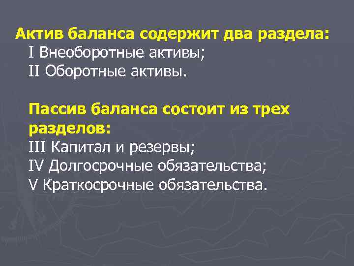 Актив баланса содержит два раздела: I Внеоборотные активы; II Оборотные активы. Пассив баланса состоит