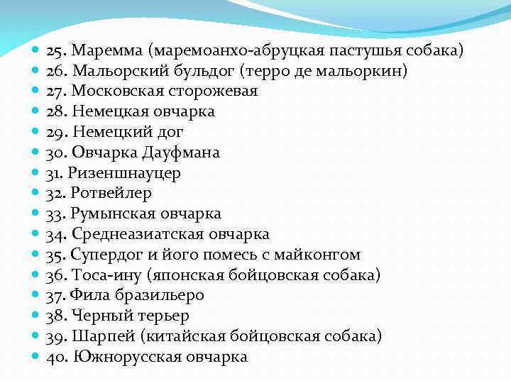  25. Маремма (маремоанхо-абруцкая пастушья собака) 26. Мальорский бульдог (терро де мальоркин) 27. Московская
