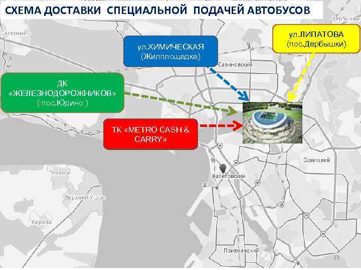 СХЕМА ДОСТАВКИ СПЕЦИАЛЬНОЙ ПОДАЧЕЙ АВТОБУСОВ ул. ХИМИЧЕСКАЯ (Жилплощадка) ул. ЛИПАТОВА (пос. Дербышки) ДК «ЖЕЛЕЗНОДОРОЖНИКОВ»