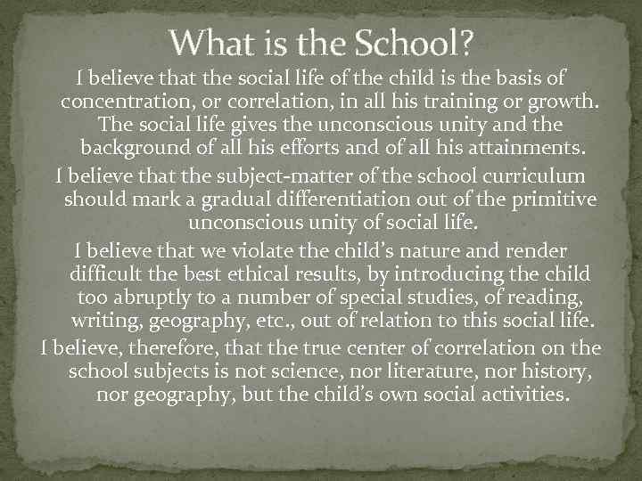 What is the School? I believe that the social life of the child is