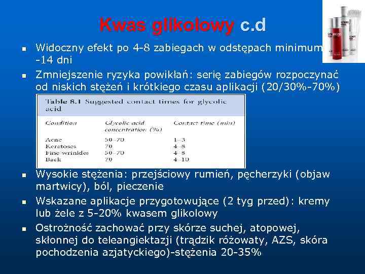 Kwas glikolowy c. d n n n Widoczny efekt po 4 -8 zabiegach w