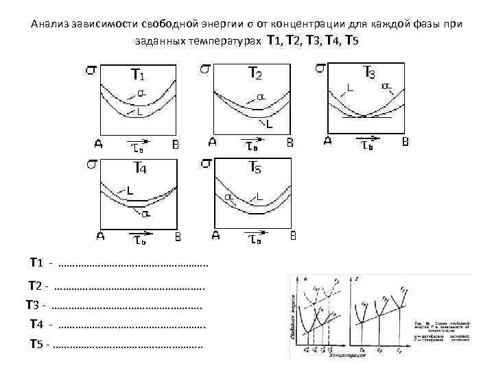 Анализ зависимости свободной энергии σ от концентрации для каждой фазы при заданных температурах Т