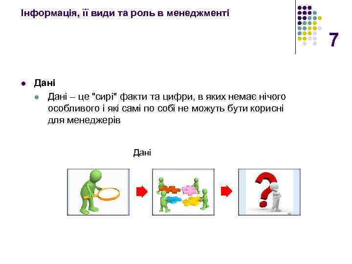 Інформація, її види та роль в менеджменті 7 l Дані – це 