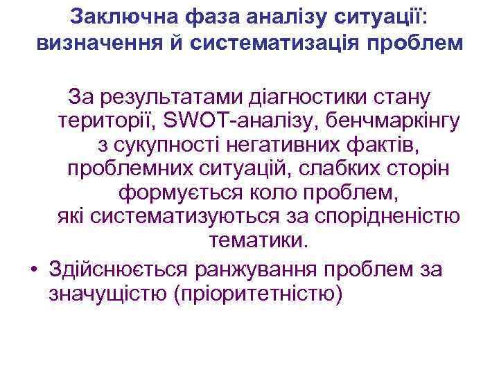 Заключна фаза аналізу ситуації: визначення й систематизація проблем За результатами діагностики стану території, SWOT-аналізу,