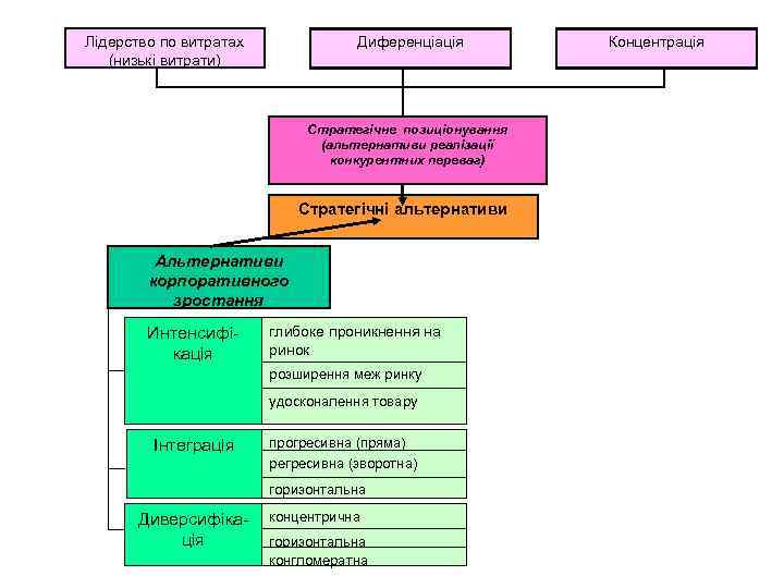 Лідерство по витратах (низькі витрати) Диференціація Стратегічне позиціонування (альтернативи реалізації конкурентних переваг) Стратегічні альтернативи