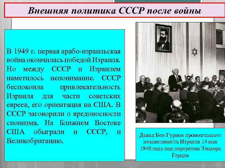 Внешняя политика СССР после войны В 1949 г. первая арабо-израильская война окончилась победой Израиля.