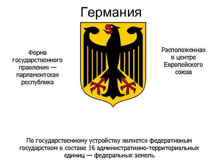 Германия Форма государственного правления — парламентская республика Расположенная в центре Европейского союза По государственному