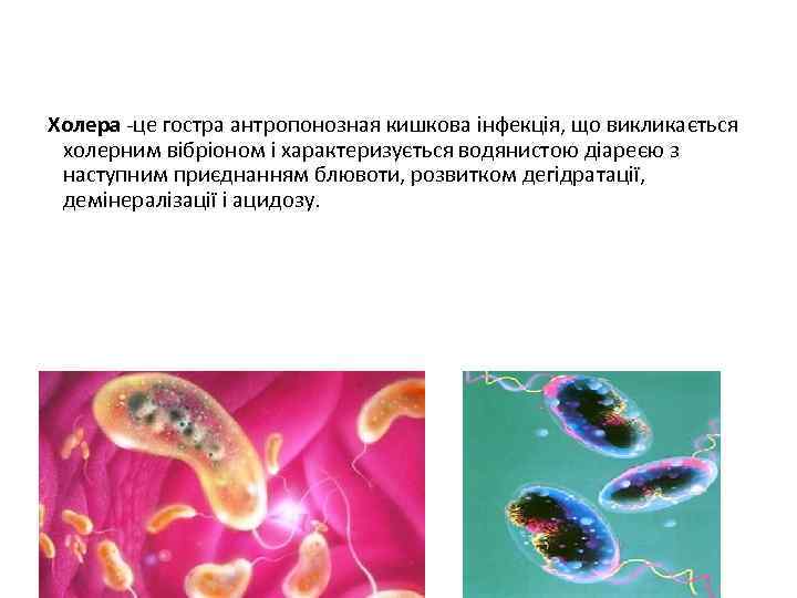 Холера -це гостра антропонозная кишкова інфекція, що викликається холерним вібріоном і характеризується водянистою діареєю