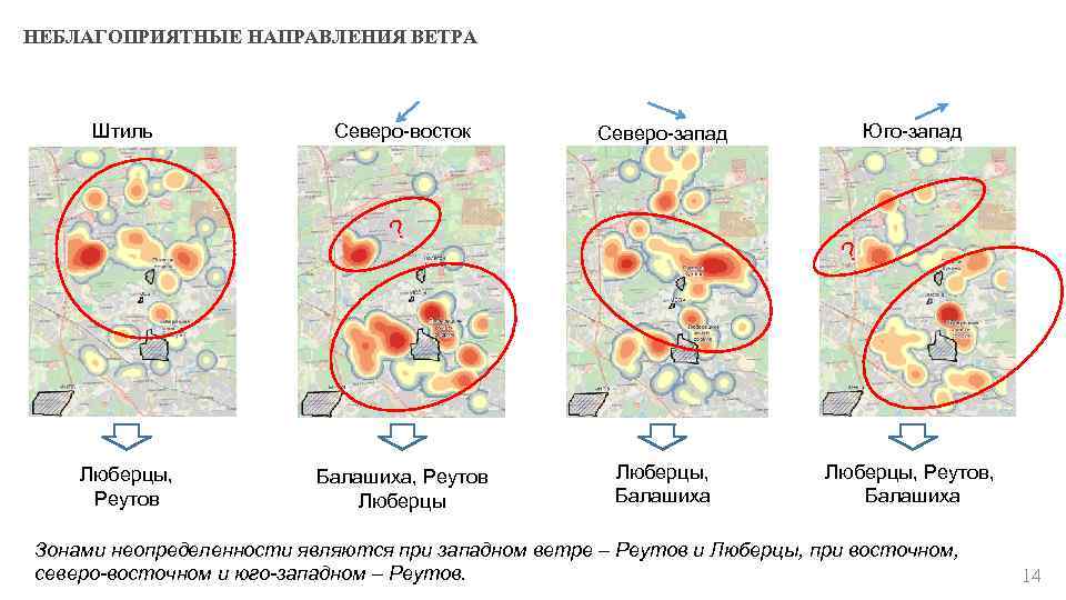 НЕБЛАГОПРИЯТНЫЕ НАПРАВЛЕНИЯ ВЕТРА Штиль Северо-восток ? Люберцы, Реутов Балашиха, Реутов Люберцы Юго-запад Северо-запад ?