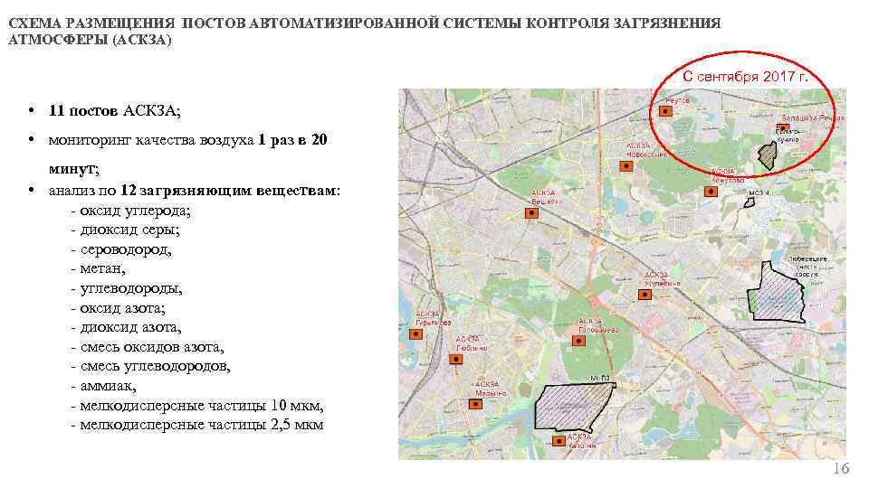 СХЕМА РАЗМЕЩЕНИЯ ПОСТОВ АВТОМАТИЗИРОВАННОЙ СИСТЕМЫ КОНТРОЛЯ ЗАГРЯЗНЕНИЯ АТМОСФЕРЫ (АСКЗА) С сентября 2017 г. •