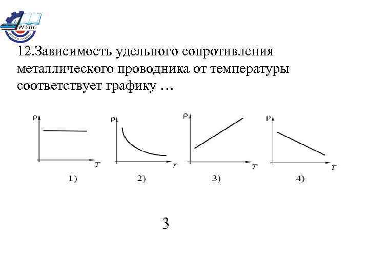 12. Зависимость удельного сопротивления металлического проводника от температуры соответствует графику … 3 