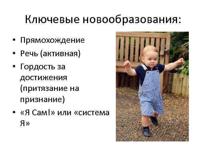 Ключевые новообразования: • Прямохождение • Речь (активная) • Гордость за достижения (притязание на признание)