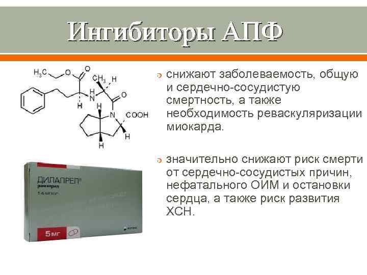 Ингибиторы АПФ снижают заболеваемость, общую и сердечно сосудистую смертность, а также необходимость реваскуляризации миокарда.