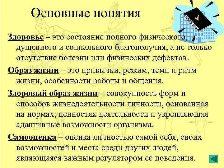 Основные понятия Здоровье – это состояние полного физического, душевного и социального благополучия, а не