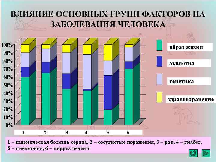 ВЛИЯНИЕ ОСНОВНЫХ ГРУПП ФАКТОРОВ НА ЗАБОЛЕВАНИЯ ЧЕЛОВЕКА образ жизни экология генетика здравоохранение 1 2