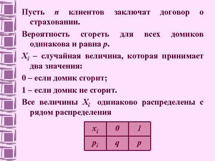 Пусть n клиентов заключат договор о страховании. Вероятность сгореть для всех домиков одинакова и