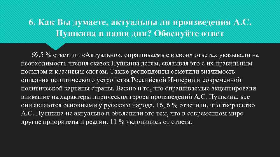 6. Как Вы думаете, актуальны ли произведения А. С. Пушкина в наши дни? Обоснуйте