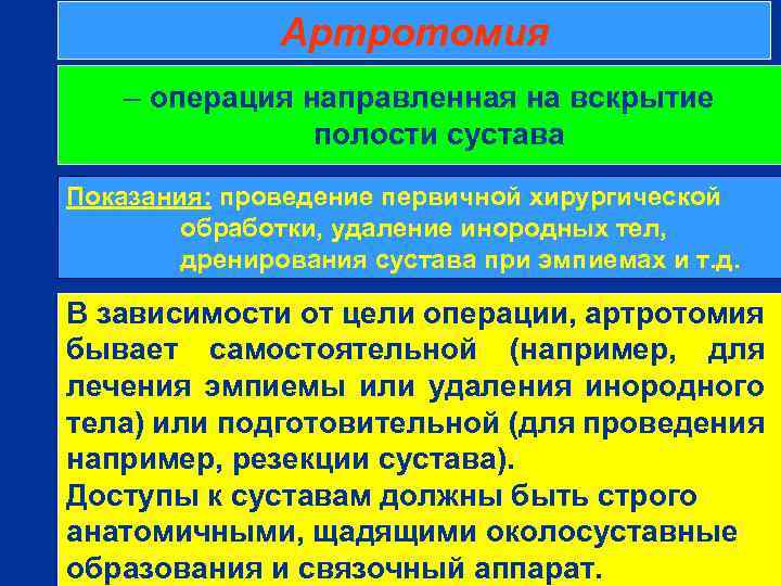 Артротомия – операция направленная на вскрытие полости сустава Показания: проведение первичной хирургической обработки, удаление