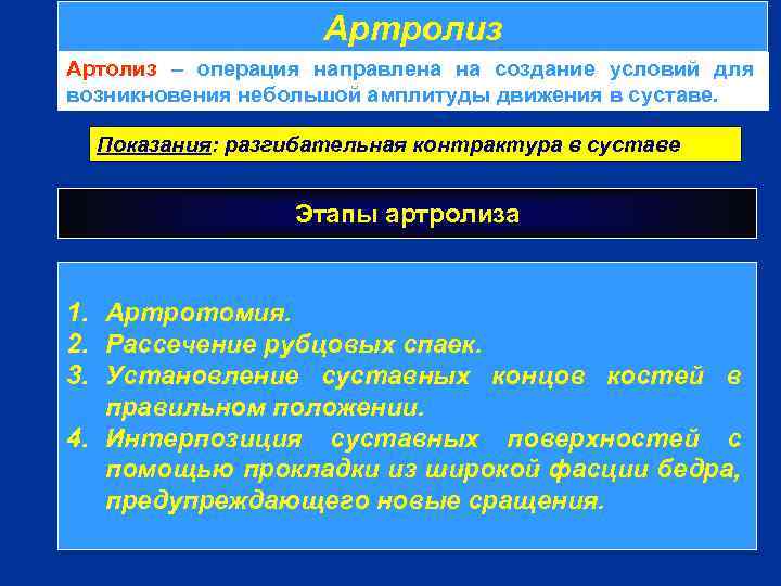 Артролиз Артолиз – операция направлена на создание условий для возникновения небольшой амплитуды движения в